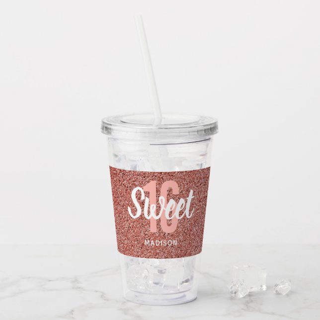 Sweet 16 Rosa Rose Gold Glitzer Personalisiert Acryltrinkbecher (Vorderseite Ice)
