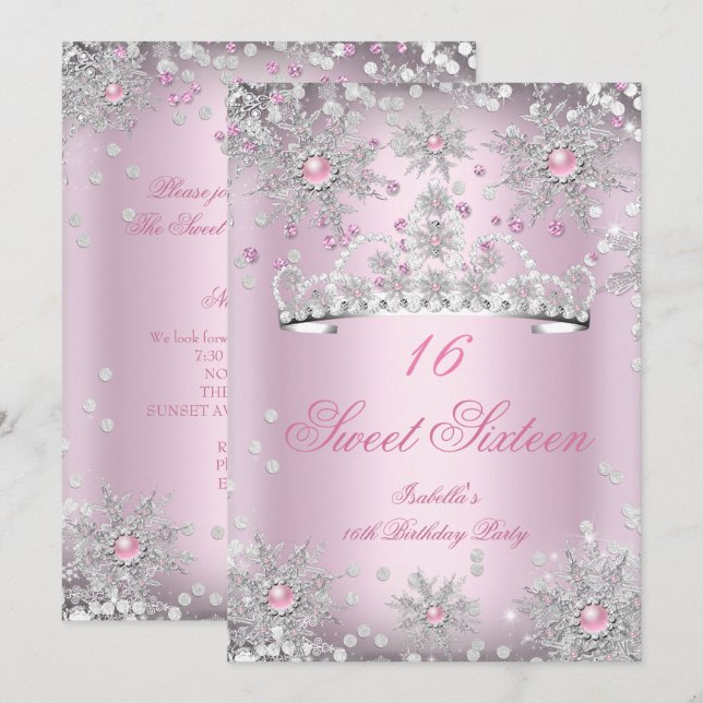 Sweet 16 Rosa Schneeflocken Weißes Winter Wunderla Einladung (Vorne/Hinten)