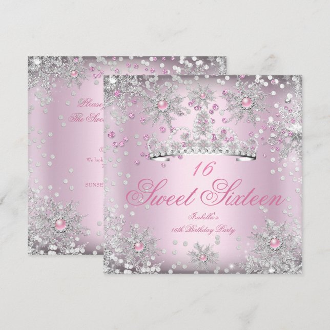 Sweet 16 Rosa Schneeflocken Weißes Winter Wunderla Einladung (Vorne/Hinten)