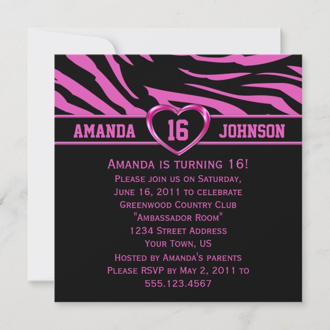Sweet 16 Rosa und schwarzes Zebra Print Pink Herz Einladung (Vorderseite)
