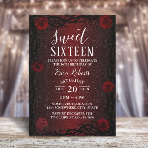 Sweet 16 Rose Blume & Thorn Burgundy Red Glitzer Einladung