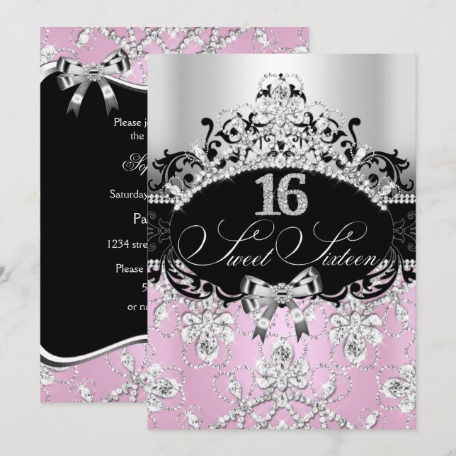 Sweet 16 rose clair étincelle Tiara Invitation d'a (Devant / Derrière)
