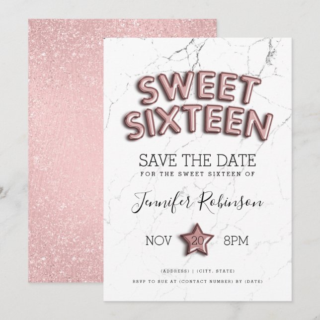 Sweet 16 Rose Gold Balloons Glitzer Einladung (Vorne/Hinten)