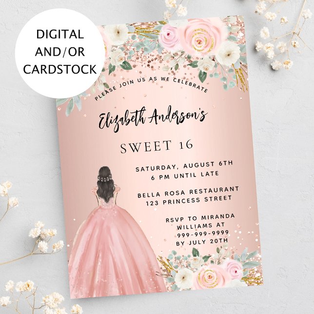 Sweet 16 Rose Gold Blume Kleid Einladung (Von Creator hochgeladen)