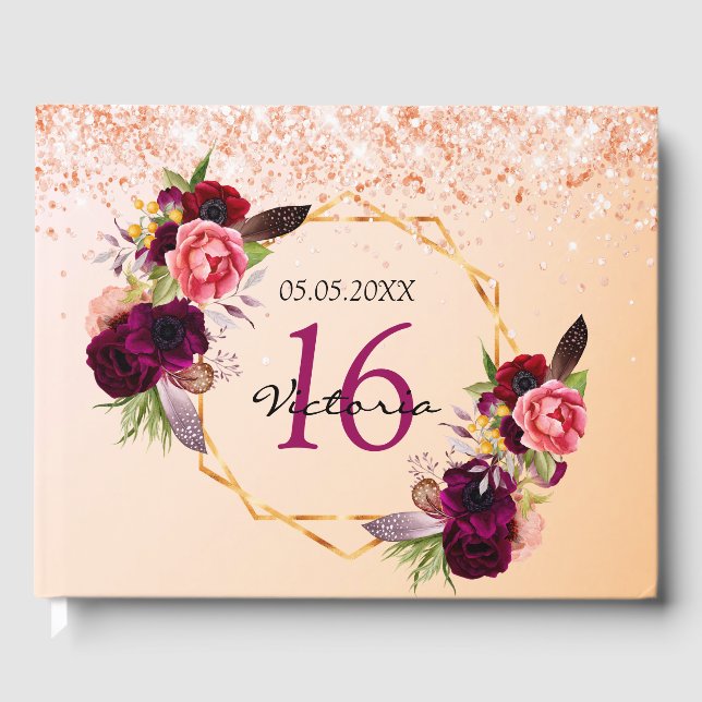 Sweet 16 Rose Gold Blumengeometrie Burgund Gästebuch (Vorderseite)