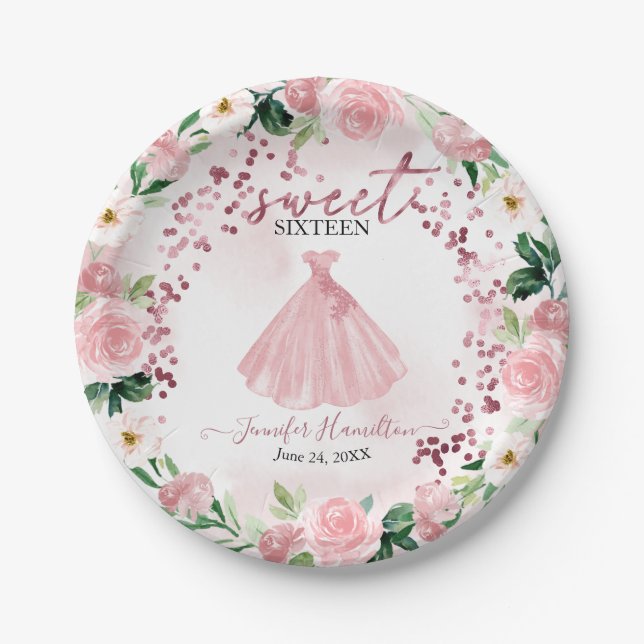 Sweet 16 Rose Gold Blush Blumenkleid Pappteller (Vorderseite)