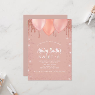 Sweet 16 Rose Gold Blush Glitzer Balloons Einladung