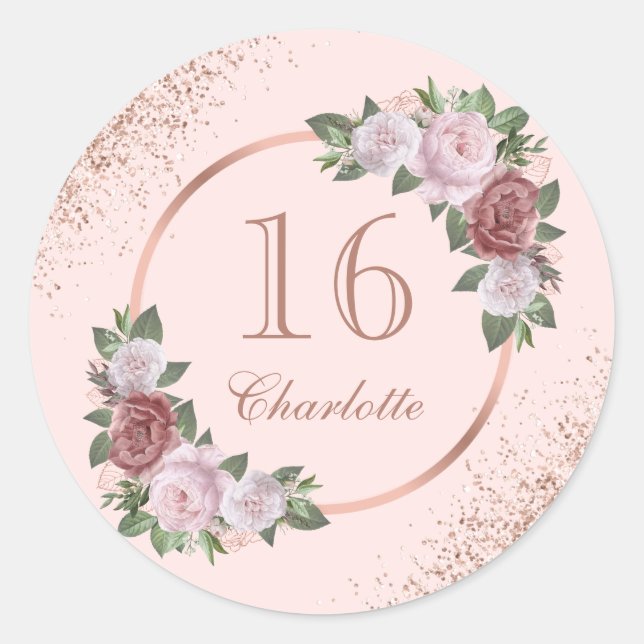 Sweet 16 Rose Gold Blush Rosa Blütenbraun Geburtst Runder Aufkleber (Vorderseite)