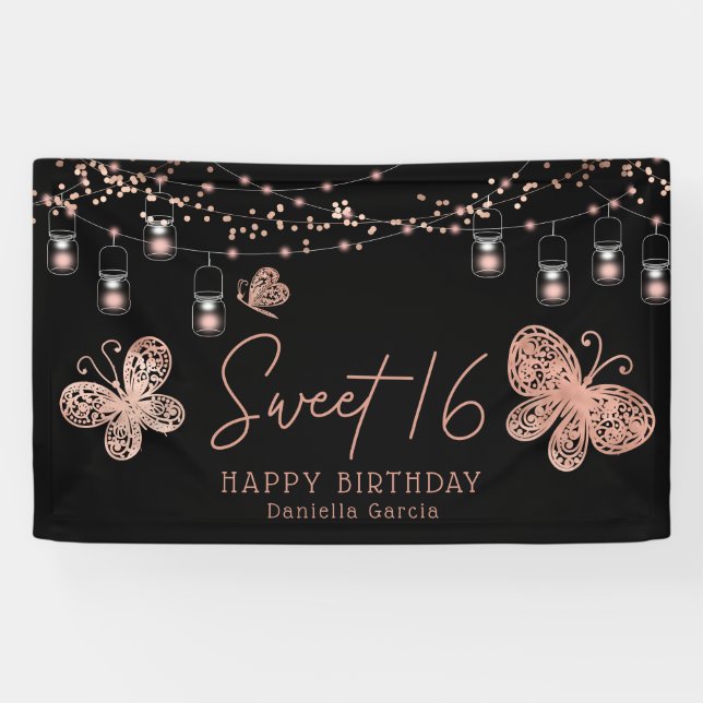 Sweet 16 Rose Gold Butterfly Chic Modern Geburtsta Banner (Horizontal)