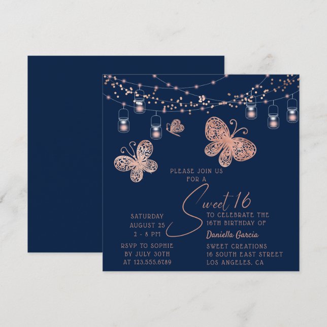 Sweet 16 Rose Gold Butterfly Chic Modern Geburtsta Einladung (Vorne/Hinten)