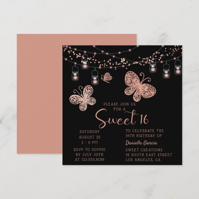 Sweet 16 Rose Gold Butterfly Chic Modern Geburtsta Einladung (Vorne/Hinten)