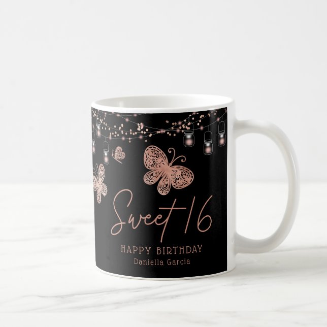 Sweet 16 Rose Gold Butterfly Chic Modern Geburtsta Kaffeetasse (Rechts)