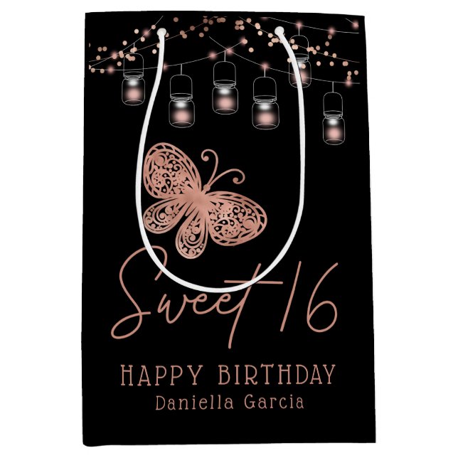 Sweet 16 Rose Gold Butterfly Chic Modern Geburtsta Mittlere Geschenktüte (Vorderseite)
