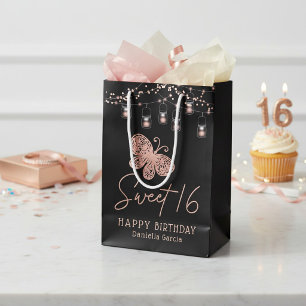 Sweet 16 Rose Gold Butterfly Chic Modern Geburtsta Mittlere Geschenktüte