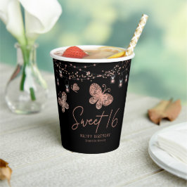 Sweet 16 Rose Gold Butterfly Chic Modern Geburtsta Pappbecher
