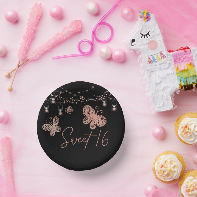 Sweet 16 Rose Gold Butterfly Chic Modern Geburtsta Pappteller (Party)