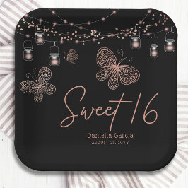 Sweet 16 Rose Gold Butterfly Chic Modern Geburtsta Pappteller