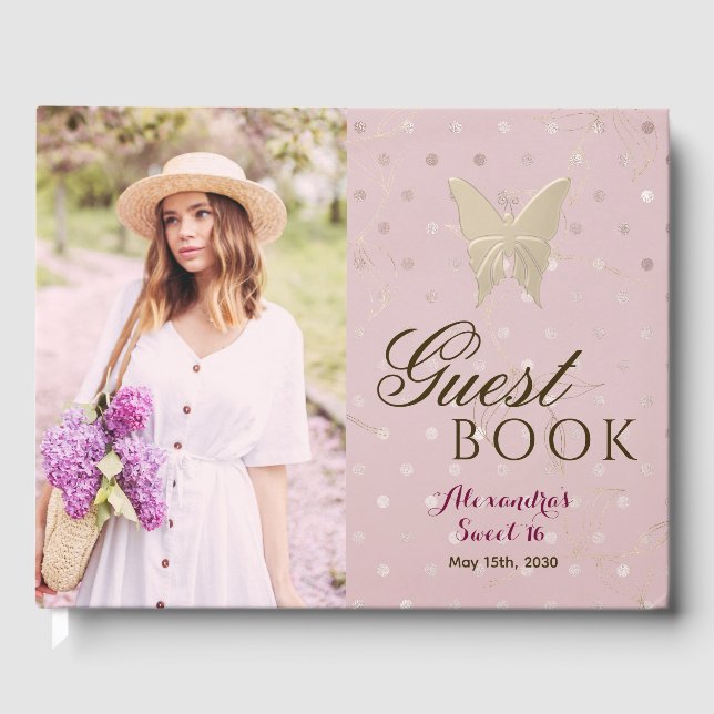 Sweet 16 Rose Gold Butterfly Gästebuch (Vorderseite)