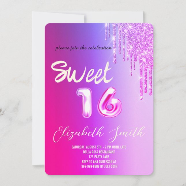 Sweet 16 Rose gold Erröten Glitzer Einladung (Vorderseite)