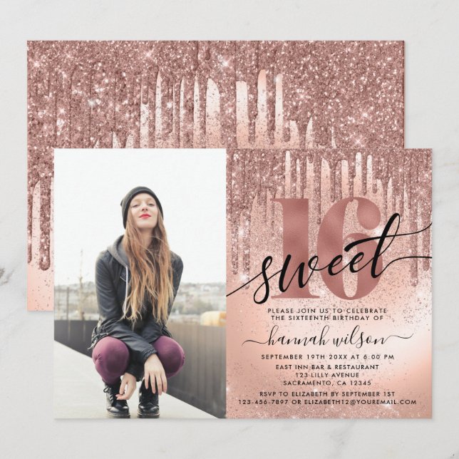 Sweet 16 Rose Gold Foil & Glitzer Foto Einladung (Vorne/Hinten)