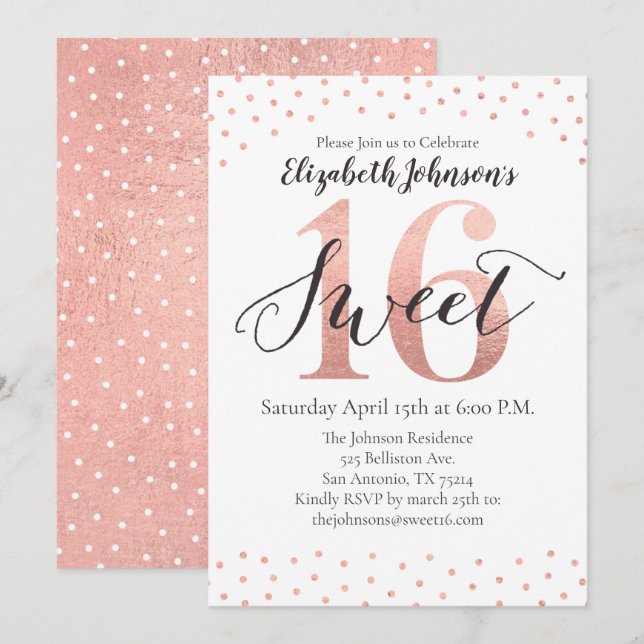 Sweet 16 Rose Gold Foil Invitation Anniversaire (Devant / Derrière)
