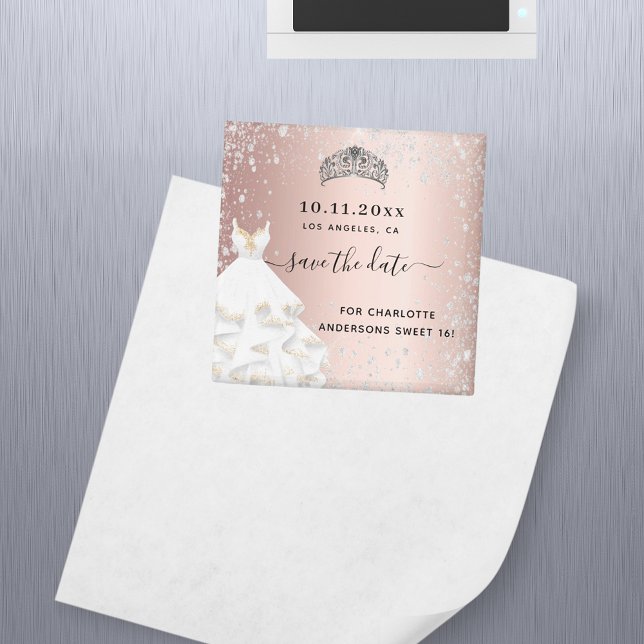 Sweet 16 rose gold glitter dress save the date magnet (Von Creator hochgeladen)