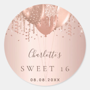 Sweet 16 Rose Gold Glitzer Ballons Monogramm 16. Runder Aufkleber