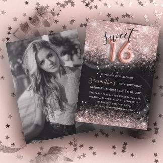 Sweet 16 Rose Gold Glitzer & Black Party Einladung