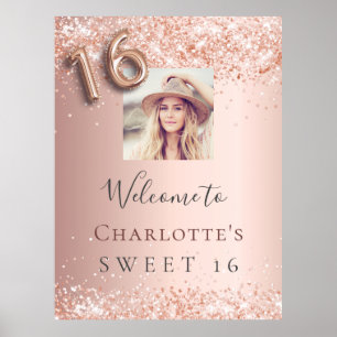 Sweet 16 Rose Gold Glitzer Foto Begrüßung Party Poster