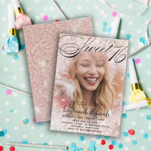 Sweet 16 Rose Gold Glitzer Foto Party Einladung