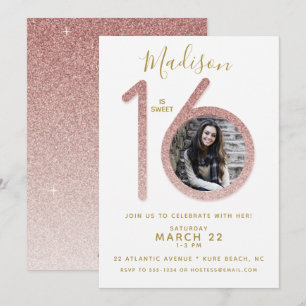 Sweet 16 Rose Gold Glitzer Geburtstag Foto Einladung