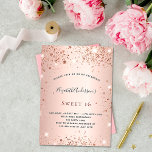 Sweet 16 Rose Gold Glitzer Geburtstagsparty Einladungspostkarte<br><div class="desc">Eine moderne, stilvolle und glamouröse Einladung zu einer Sweet 16. Geburtstagsfeier. Eine Rose goldfarbener Hintergrund mit Imitaten Glitzer Staub. Der Name ist mit einem modernen handgeschriebenen Stilskript geschrieben. Personalisieren Sie Ihre Party-Daten und fügen Sie sie hinzu. Tipp: Wenn Sie es nicht so gewollt haben, dass es wie eine Postkarte aussieht,...</div>