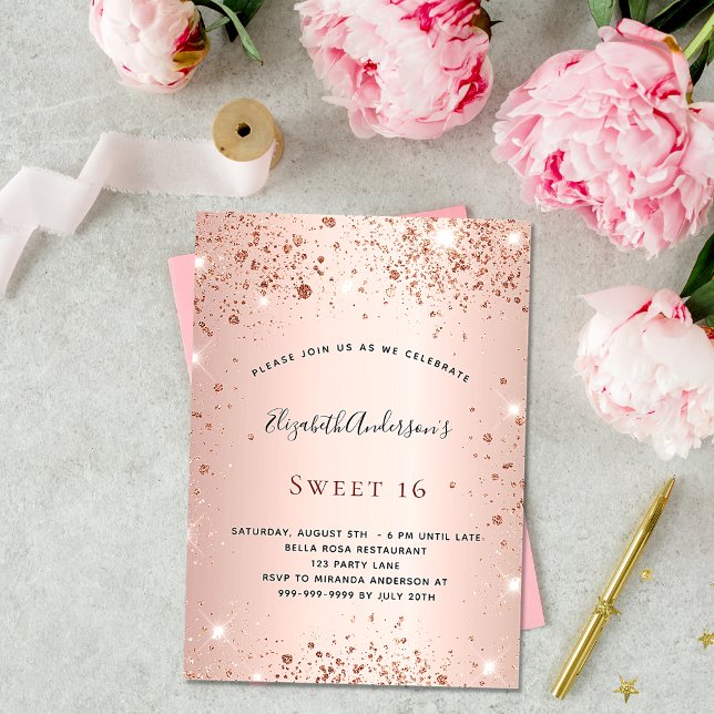 Sweet 16 Rose Gold Glitzer glamourös Einladung (Von Creator hochgeladen)