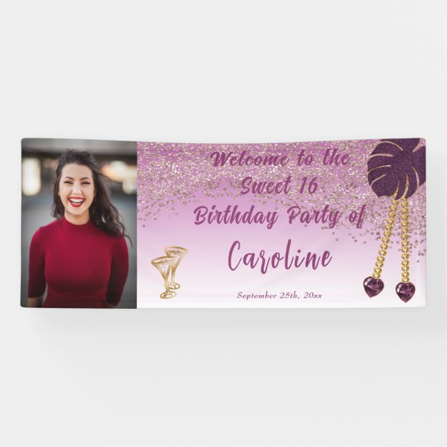 Sweet 16 Rose Gold Glitzer, Heart Gems & Foto Banner (Horizontal)