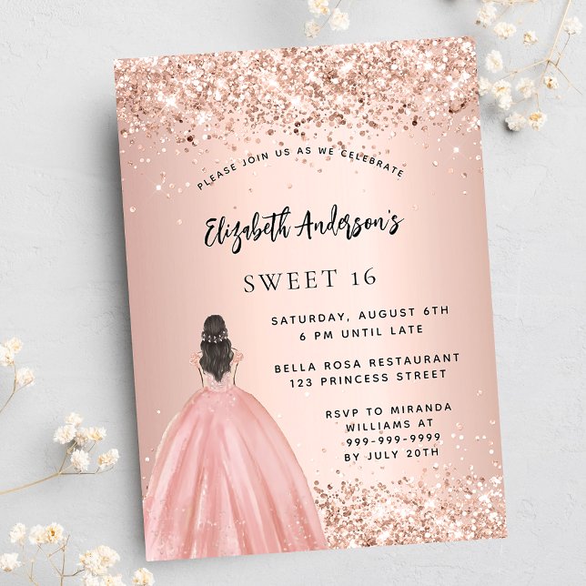 Sweet 16 Rose Gold Glitzer Kleid Party Einladungspostkarte (Von Creator hochgeladen)