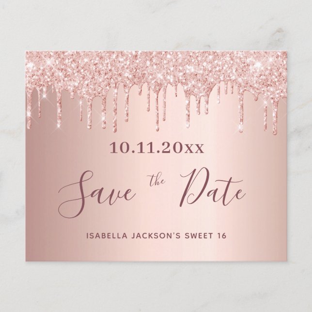 Sweet 16 Rose Gold Glitzer Save the Date Flyer (Vorne)
