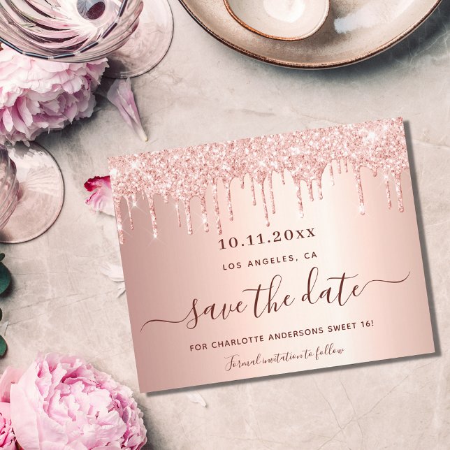 Sweet 16 Rose Gold Glitzer Save the Date Flyer (Von Creator hochgeladen)