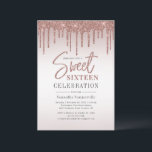 Sweet 16 Rose Gold Glitzer Script Geburtstagsparty Einladung<br><div class="desc">Moderne und elegante 16-jährige Geburtstagsfeier lädt zum Verweilen bei Party ein. Mit Glitzer-Tropfen mit Rose goldener Farbverlauf Hintergrund und Schriftzeichen Typografie.</div>