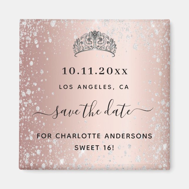 Sweet 16 Rose Gold Glitzer Tiara Save the Date Magnet (Vorne)