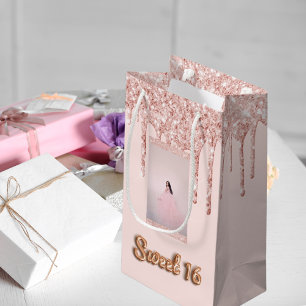 Sweet 16 Rose Gold Glitzer Tropfen Foto Kleine Geschenktüte