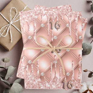 Sweet 16 Rose Gold Glitzer Tropfen Rosa Luxus Geschenkpapier Set