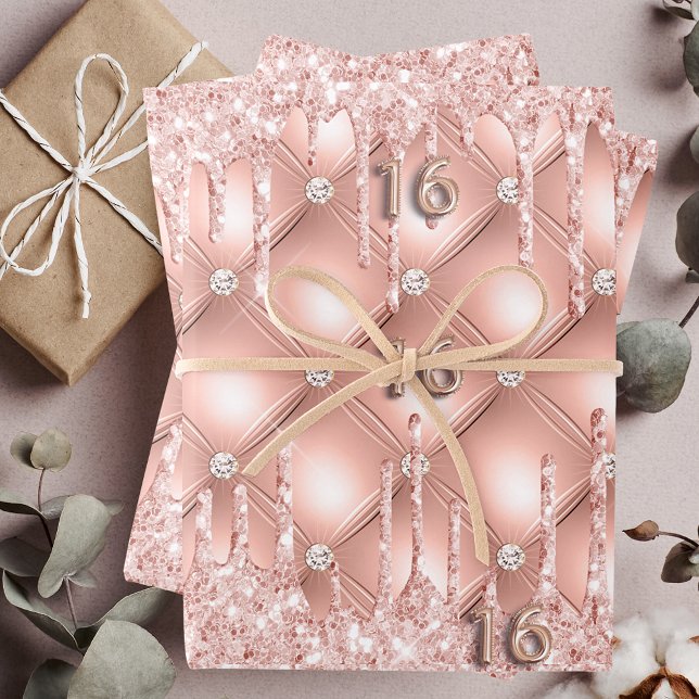 Sweet 16 Rose Gold Glitzer Tropfen Rosa Luxus Geschenkpapier Set (Von Creator hochgeladen)