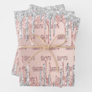 Sweet 16 Rose Gold Glitzer Tropfen Rosa Silber Geschenkpapier Set