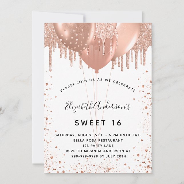 Sweet 16 Rose Gold Glitzer weiß Einladung (Vorderseite)