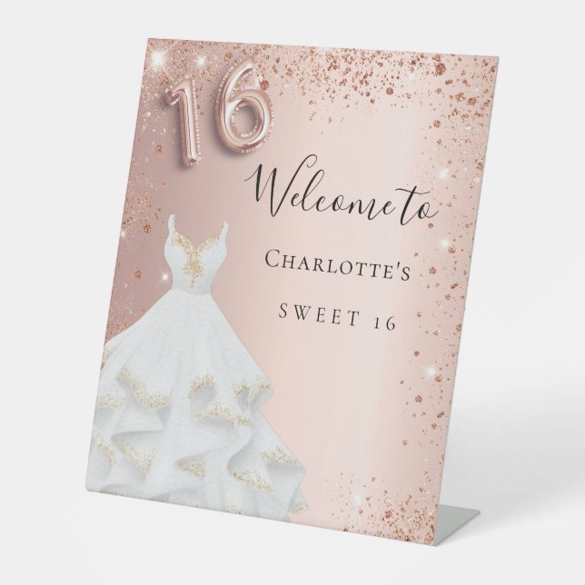 Sweet 16 Rose Gold Glitzer Willkommensgruß Sockelschild (Vorderseite)