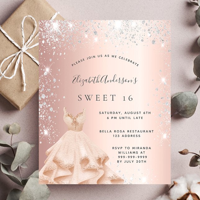 Sweet 16 Rose Gold Gold Silber Glitzer Kleid Einladungspostkarte (Von Creator hochgeladen)