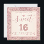 Sweet 16 Rose Gold Imitate Glitzer Geburtstagspart Einladung<br><div class="desc">Mit dieser schicken Einladung laden Sie Ihre 16 Geburtstagsgäste stilvoll ein. Dieses Design zeichnet sich durch eine Rose Gold Imitat Glitzer Rand und eine moderne Skripttypografie. Die Vorderseite der Karte lautet "You're Invited To A Sweet 16 Celebration" mit Glitzer Akzenten auf einem Herz und die Zahl 16. Auf der Rückseite...</div>