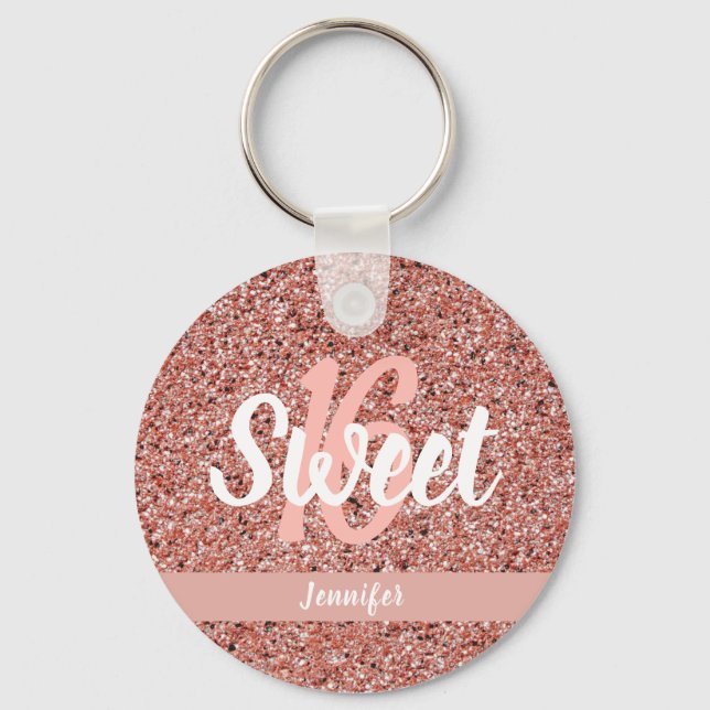 Sweet 16 Rose Gold Pink Glitzer Name Gastgeschenk Schlüsselanhänger (Vorderseite)