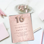 Sweet 16 Rose Gold Rosa Einladung<br><div class="desc">Eine moderne, stilvolle und glamouröse Einladung für eine Girl's Sweet 16, 16. Geburtstagsparty. Eine Rose goldener Hintergrund mit Tropfen, Farbe Tropfen aussehen. Der Name ist mit einer modernen dunklen Rose goldfarbenen handgeschriebenen Schreibschrift geschrieben. Personalisieren Sie Ihre Party-Daten und fügen Sie sie hinzu. Nummer 16 wird mit einem Schriftart im Ballonstil...</div>
