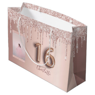 Sweet 16 Rose Gold Rosa Glitzer Foto Monogramm Große Geschenktüte